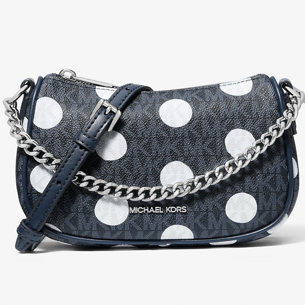 Michael Kors Navy Polka Dot Crossbody Bag with Silver Chain